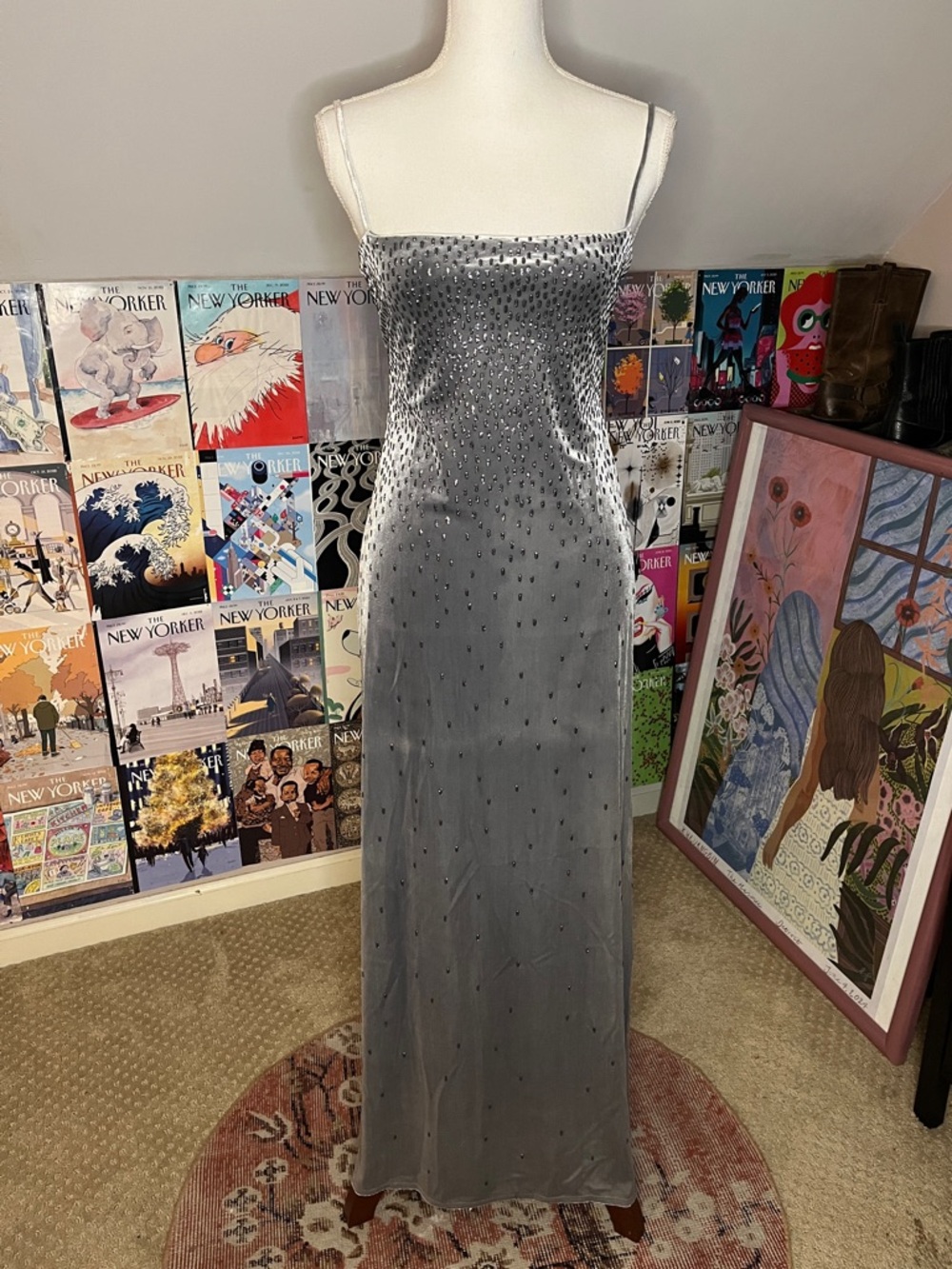 Vintage 90s Laundry By Shelli Segal Silver Glitter Velvet Maxi Dress